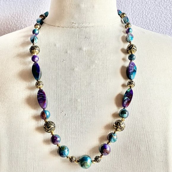 Lady Remington Purple Blue Gold Beaded Strand Necklace - Picture 1 of 7